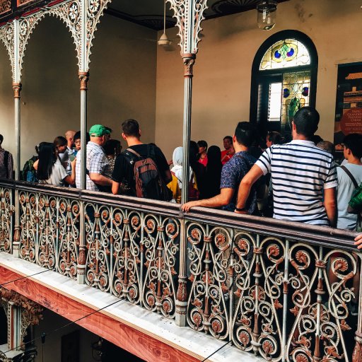 Tour group at the Blue Mansion